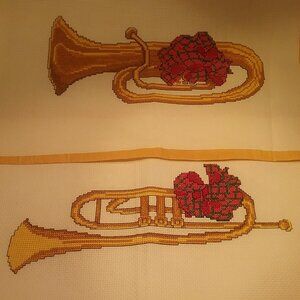 Horn & Trumpet Cross Stitched Panels Trimmed with Red Flowers - Set of Two